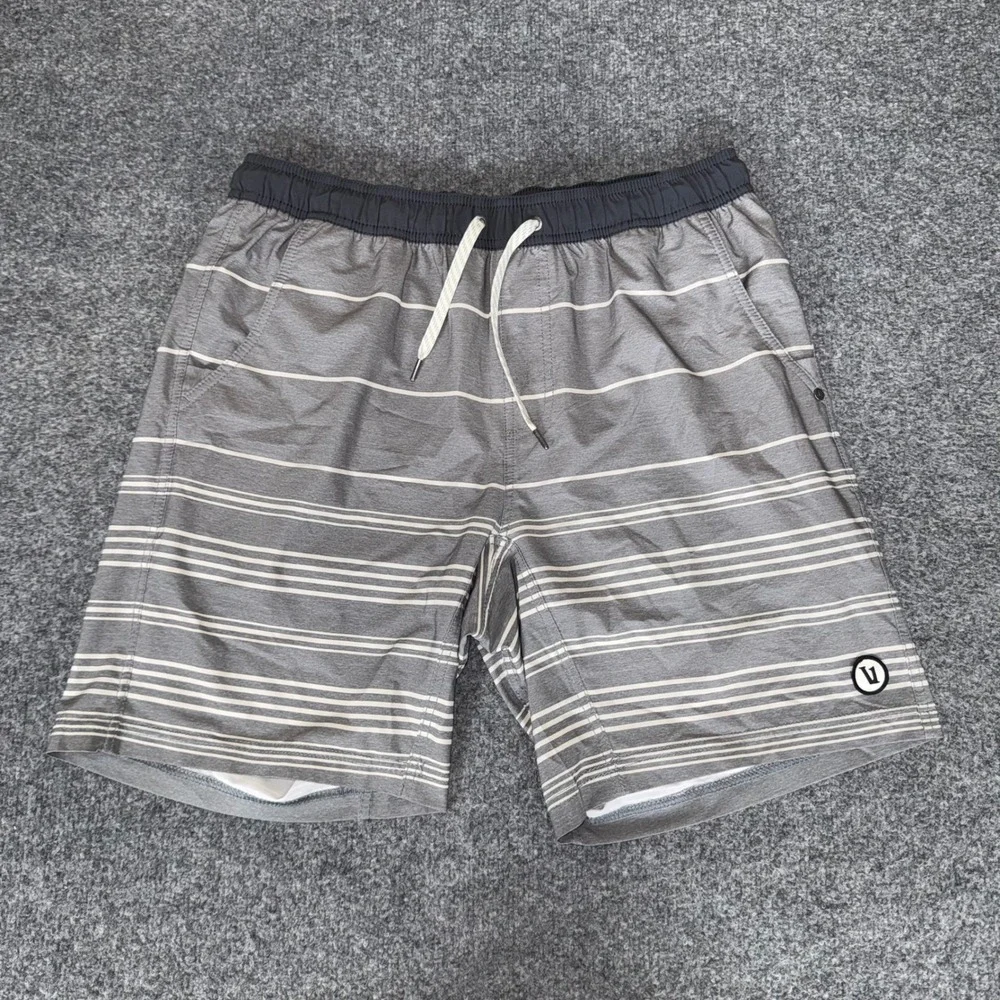Vuori Mens Grey Striped Board Shorts Size L Performance Stretch Swim Trunks